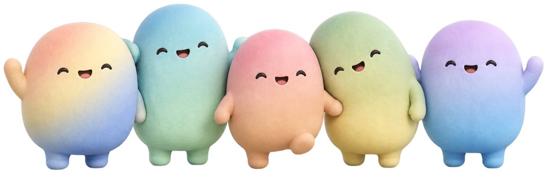 Five WTMF mascots in different colours, waving